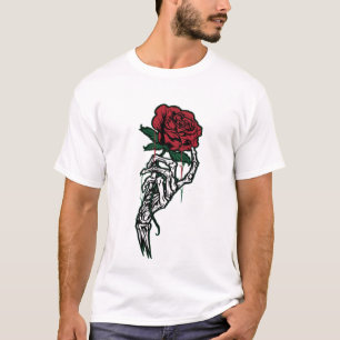 Skelett-Hand hält rote Rose — Edles Valentinstags- T-Shirt