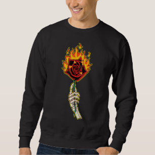 Skelett Hand mit Rose Blume am Feuer Sweatshirt