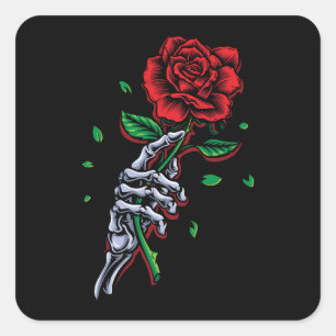 Skelett-Hand-Rote-Rose-Blume Quadratischer Aufkleber