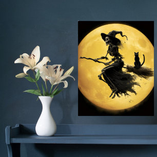 Skelett Hexe Katze Mond Grusel Horror Halloween Poster