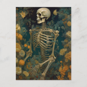 Skelett im Garten mit gelben Blumen Postkarte