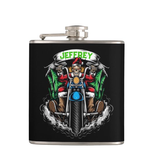 Skelett im Santa Anzug Reiten auf dem Motorrad Flachmann (Vorderseite)