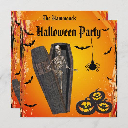 Skelett im Sarg u. im Kürbis-Halloween-Party Einladung (Vorne/Hinten)