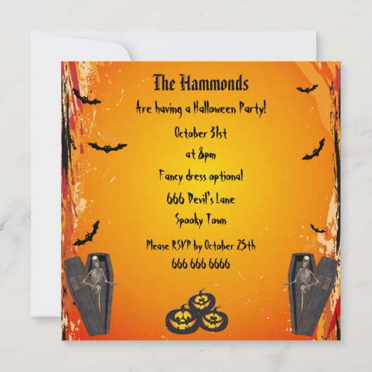 Skelett im Sarg u. im Kürbis-Halloween-Party Einladung (Rückseite)
