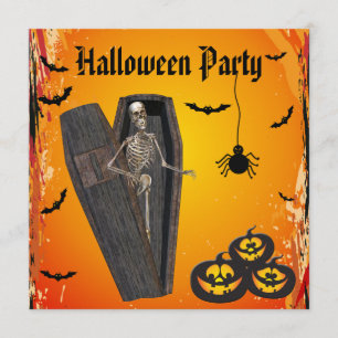 Skelett im Sarg u. im Kürbis-Halloween-Party Einladung