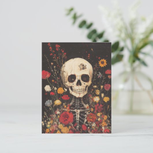Skelett in den Blume Postkarte (Stehend Vorderseite)