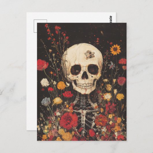 Skelett in den Blume Postkarte (Vorne/Hinten)