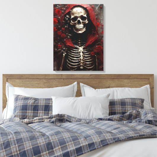 Skelett in einem Roten Kap mit Blume Leinwanddruck (Insitu (Schlafzimmer))