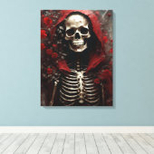 Skelett in einem Roten Kap mit Blume Leinwanddruck (Insitu (Holzboden))