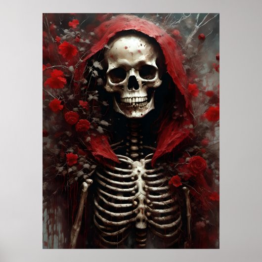 Skelett in einem Roten Kap mit Blume Poster (Vorne)