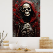 Skelett in einem Roten Kap mit Blume Poster (Küche)