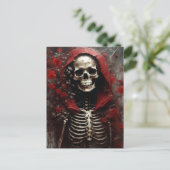 Skelett in einem Roten Kap mit Blume Postkarte (Stehend Vorderseite)