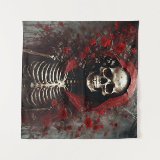 Skelett in einem Roten Kap mit Blume Wandteppich (Vorderseite (Horizontal))