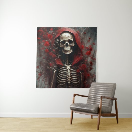 Skelett in einem Roten Kap mit Blume Wandteppich (Beispiel)