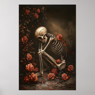 Skelett in Rosen-Druck, gothisches Halloween Poster