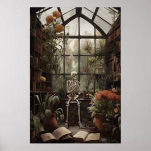 Skelett in verlassener botanischer Bibliothek Druc Poster