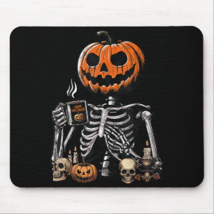 Skelett-Kürbis-Kaffeetrinken Lustiger Halloween Mousepad