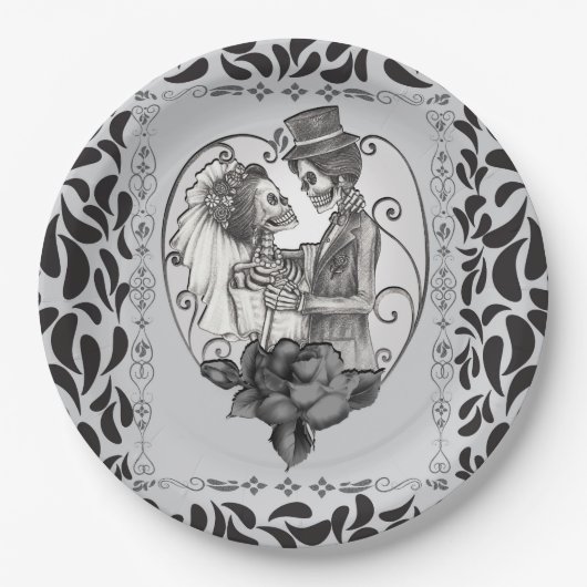 Skelett Liebespaar Hochzeitstanz Gothic Hochzeit Pappteller (Vorderseite)