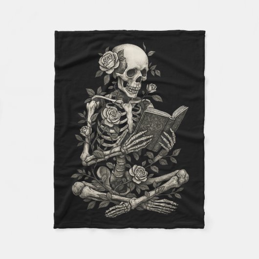 Skelett liest Blumen Grusel Halloween Fleecedecke (Vorderseite)