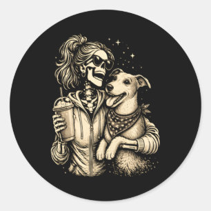 Skelett-Mädchen umarmt Hund - Cooler Gothic-Tierli Runder Aufkleber
