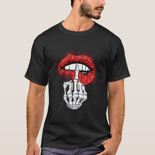Skelett Middle Finger und Lippen Funny Halloween T-Shirt (Vorderseite)