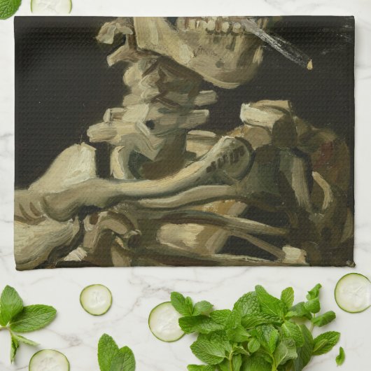 Skelett mit brennender Zigarette | Vincent van Gog Geschirrtuch (Gefaltet)