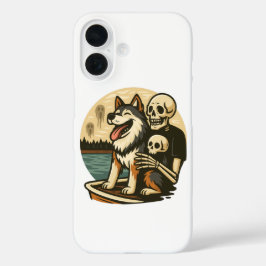 Skelett mit Hund auf einem gespenstischen See Horr iPhone 16 Hülle