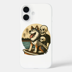 Skelett mit Hund auf einem gespenstischen See Horr iPhone 16 Hülle