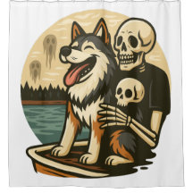 Skelett mit Hund auf einem gespenstischen See Horr