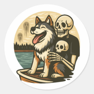 Skelett mit Hund auf einem gespenstischen See Horr Runder Aufkleber