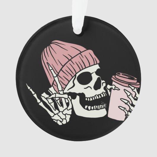 Skelett mit Hut und einem Getränk auf einem Ornament (Vorderseite)