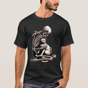 Skelett mit Katze Faules Halloween-Kostüm Schädel T-Shirt