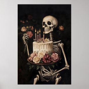Skelett mit Kuchen und Blumen Druck, Glücklich Poster