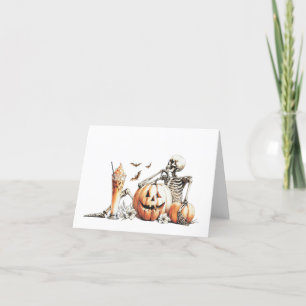 Skelett mit Kürbis und trinken. Halloween. Dankeskarte
