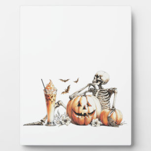 Skelett mit Kürbis und trinken. Halloween. Fotoplatte
