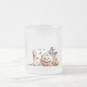 Skelett mit Kürbis und trinken. Halloween. Mattglastasse