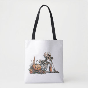 Skelett mit Kürbis und trinken. Halloween Tasche