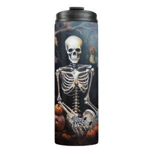 Skelett mit Kürbissen Halloween Thermosbecher