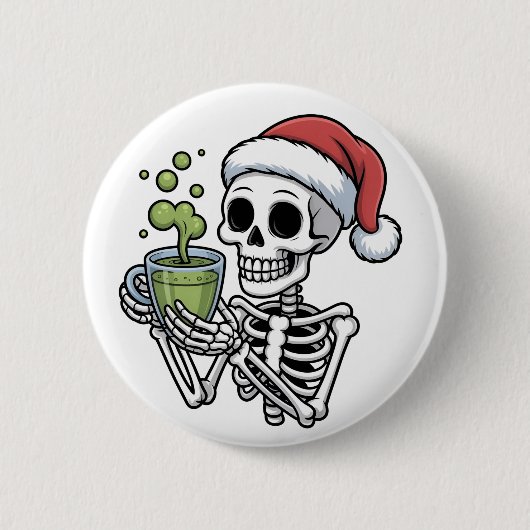 Skelett mit Matcha-Getränk und Santa-Hut Button (Vorderseite)