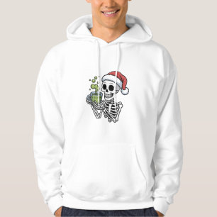 Skelett mit Matcha-Getränk und Santa-Hut Hoodie