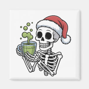 Skelett mit Matcha-Getränk und Santa-Hut Magnet