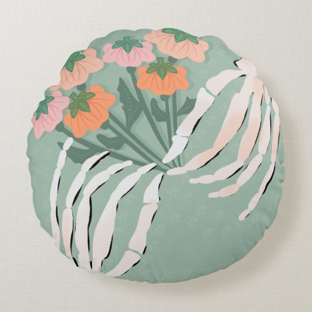 Skelett mit Pumpkin Bouquet Rundes Kissen (Vorderseite)