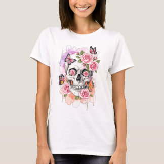 Skelett mit rosa Rosen und Schmetterlingen T-Shirt