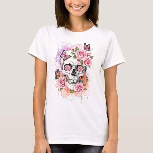 Skelett mit rosa Rosen und Schmetterlingen T-Shirt (Vorderseite)