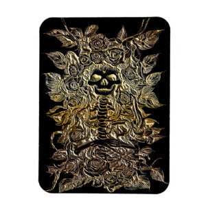 Skelett mit Rose Blume Goldkunst Magnet