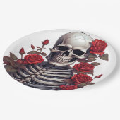 Skelett mit Rote Rosen Pappteller (Schrägansicht)