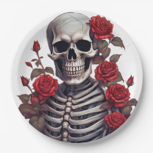 Skelett mit Rote Rosen Pappteller