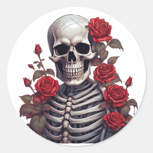 Skelett mit Rote Rosen Runder Aufkleber (Vorderseite)