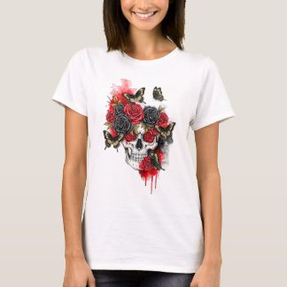 Skelett mit roten schwarzen Rose und Schmetterling T-Shirt