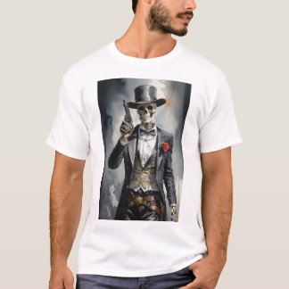 Skelett mit schwarzem Smoking mit Revolver T-Shirt